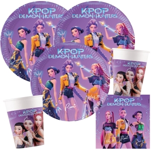 Lot de 36 assiettes, gobelets et serviettes K-Pop Demon Hunters pour anniversaire