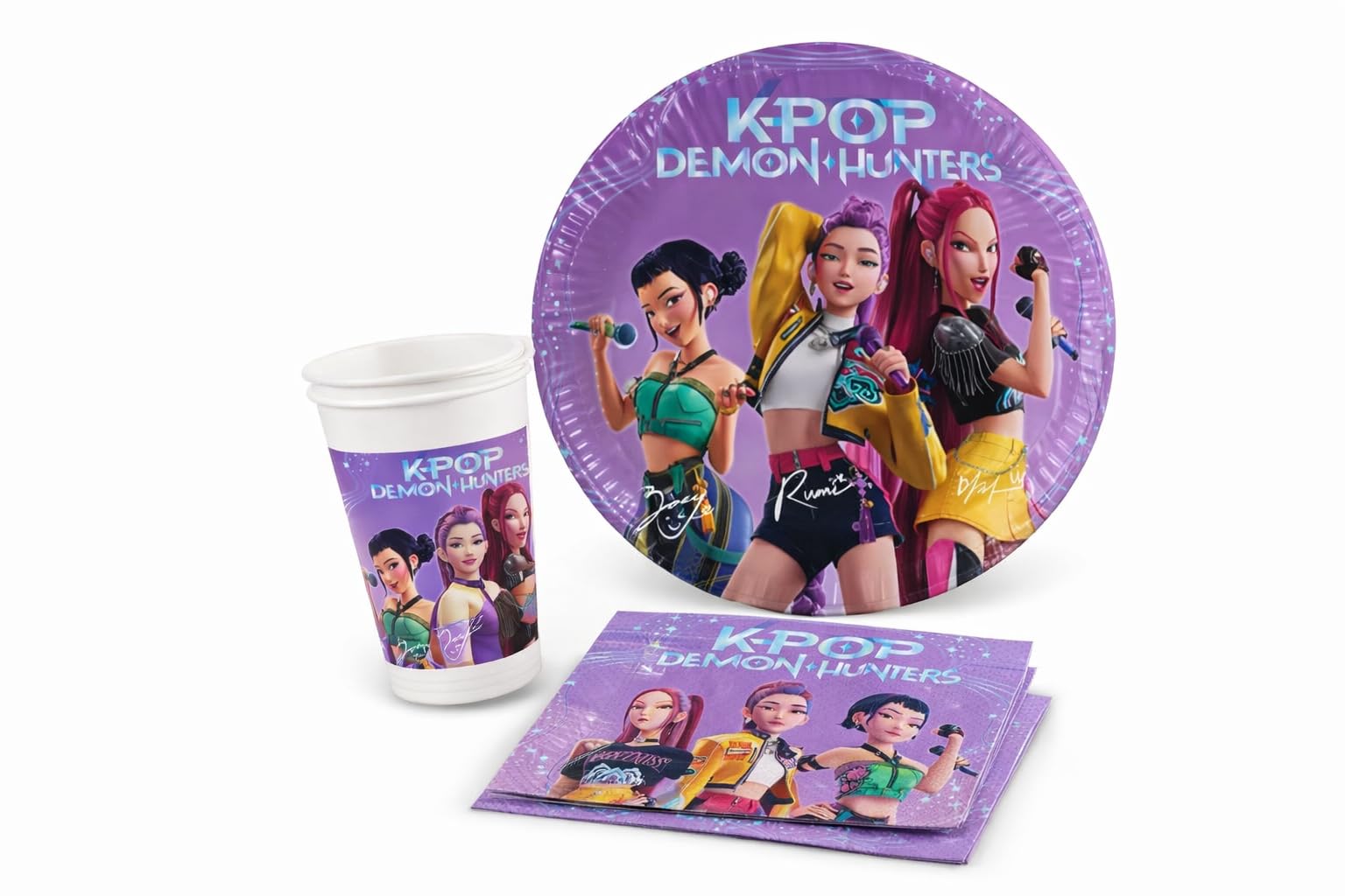 Kit de fête K-Pop Demon Hunters pour anniversaire – assiettes, verres et serviettes