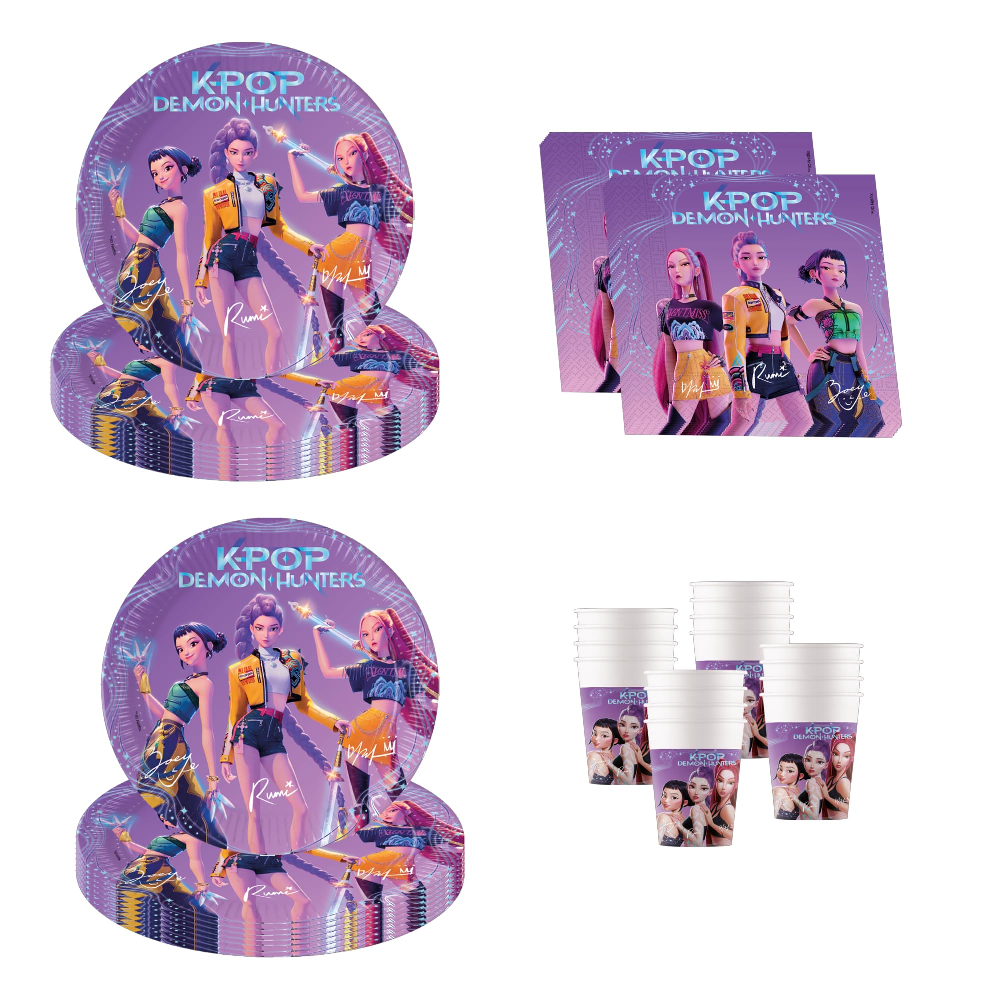 Kit vaisselle anniversaire K-Pop Demon Hunters 52 pièces assiettes gobelets serviettes