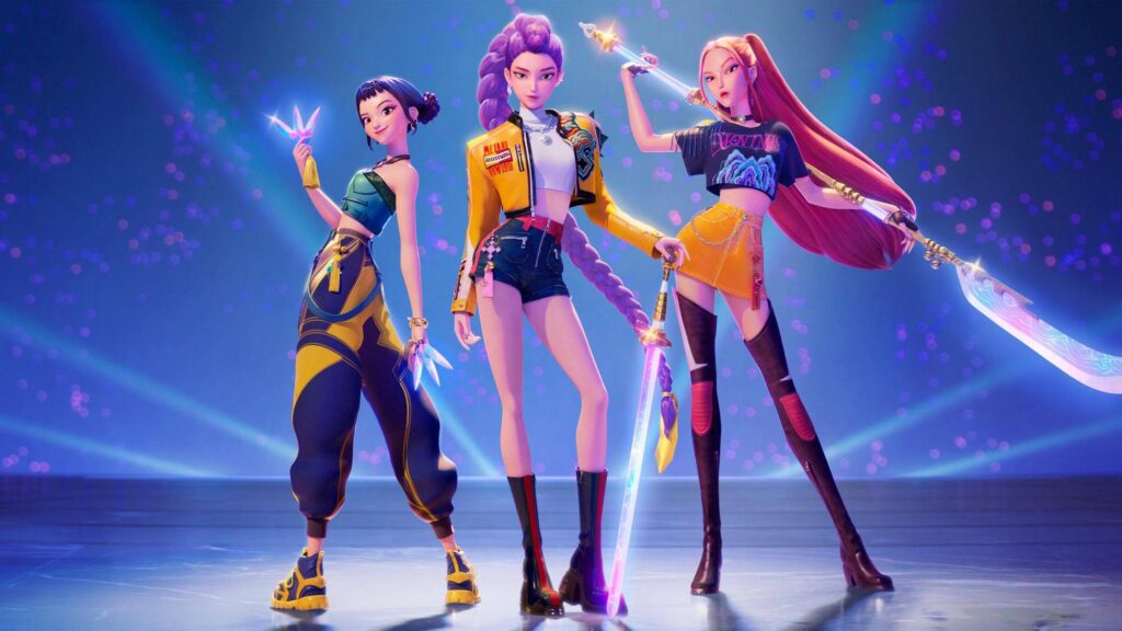 Rumi, Mira et Zoey du groupe HUNTR/X, K-Pop Demon Hunters