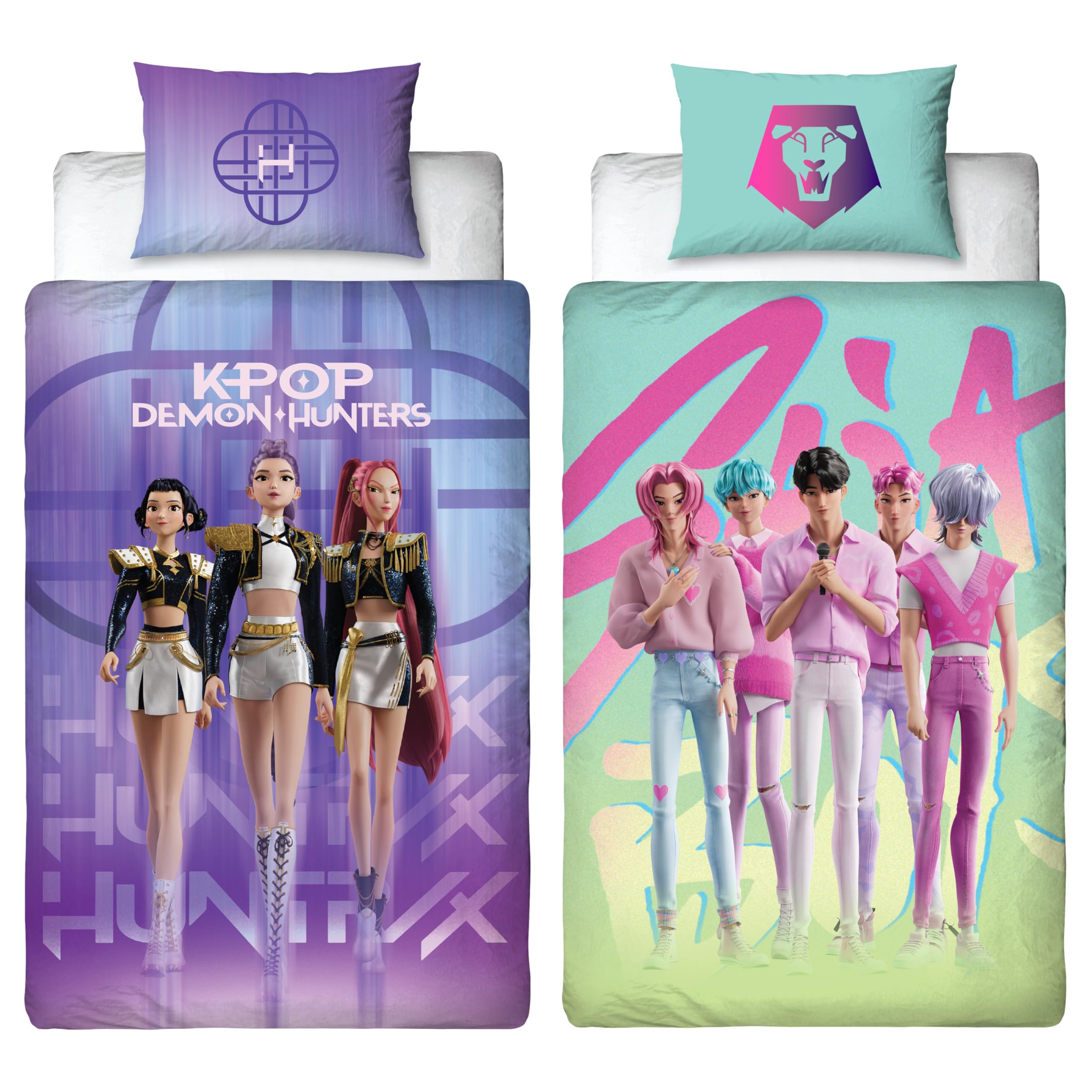 Parure de lit K-Pop Demon Hunters motif Huntrix et Saja réversible, housse de couette officielle