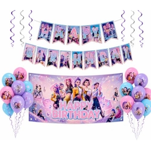 Kit déco anniversaire K-Pop Demon Hunters 55 pièces ballons et banderole