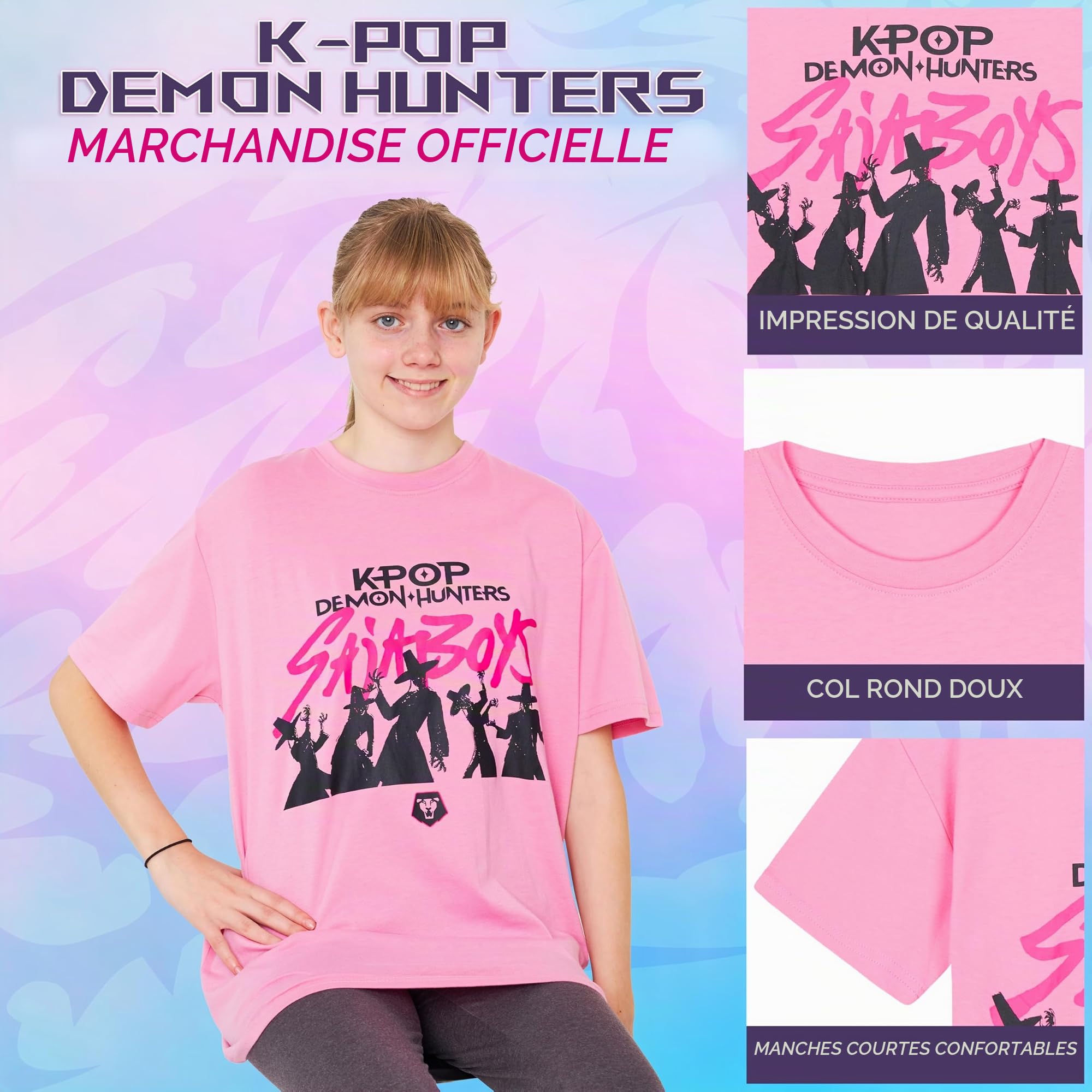 T-shirt K-Pop Demon Hunters Saja Boys col rond rose fille – Image 4