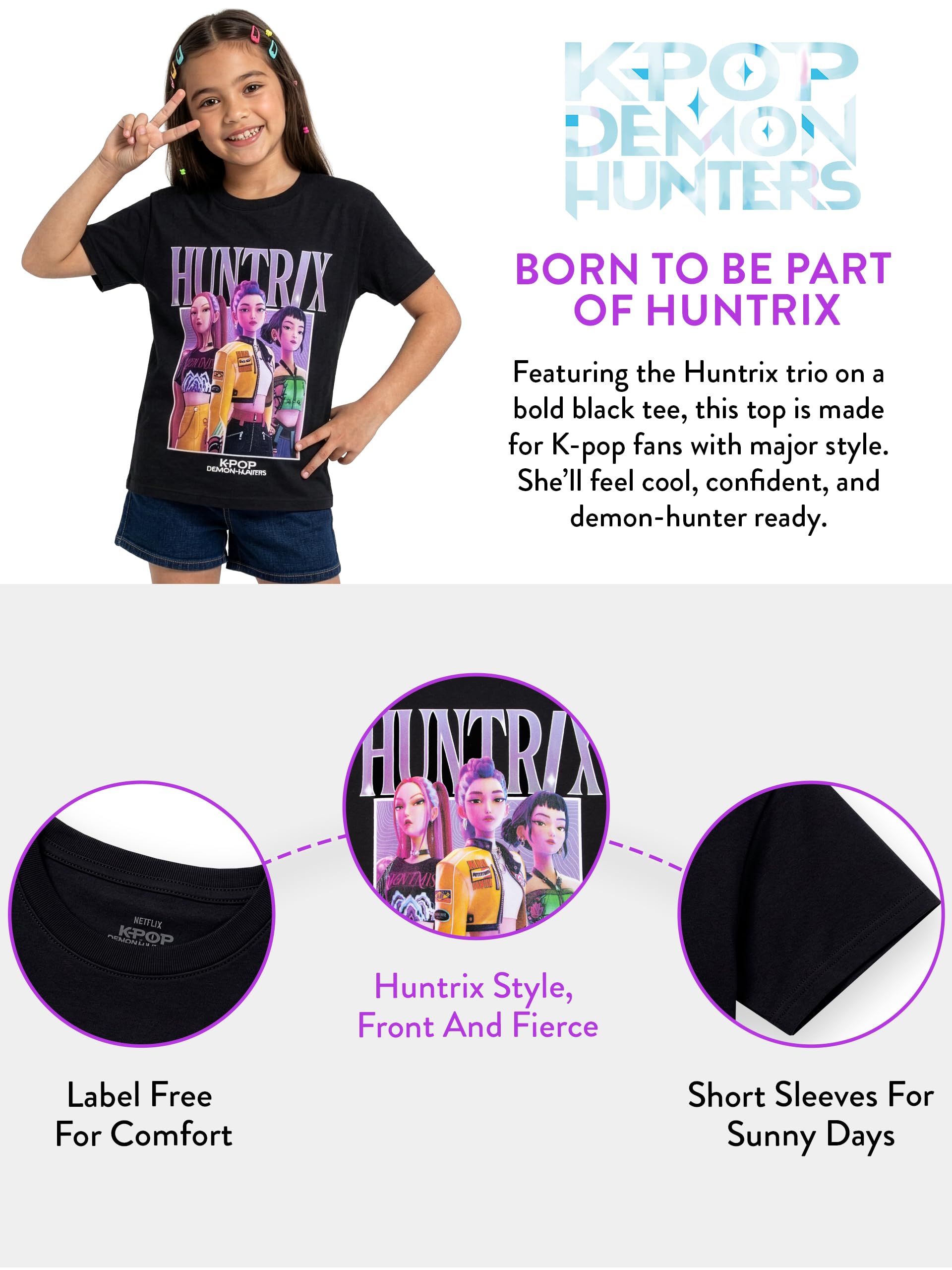 T-shirt fille K-Pop Demon Hunters Huntrix manches courtes noir – Image 6