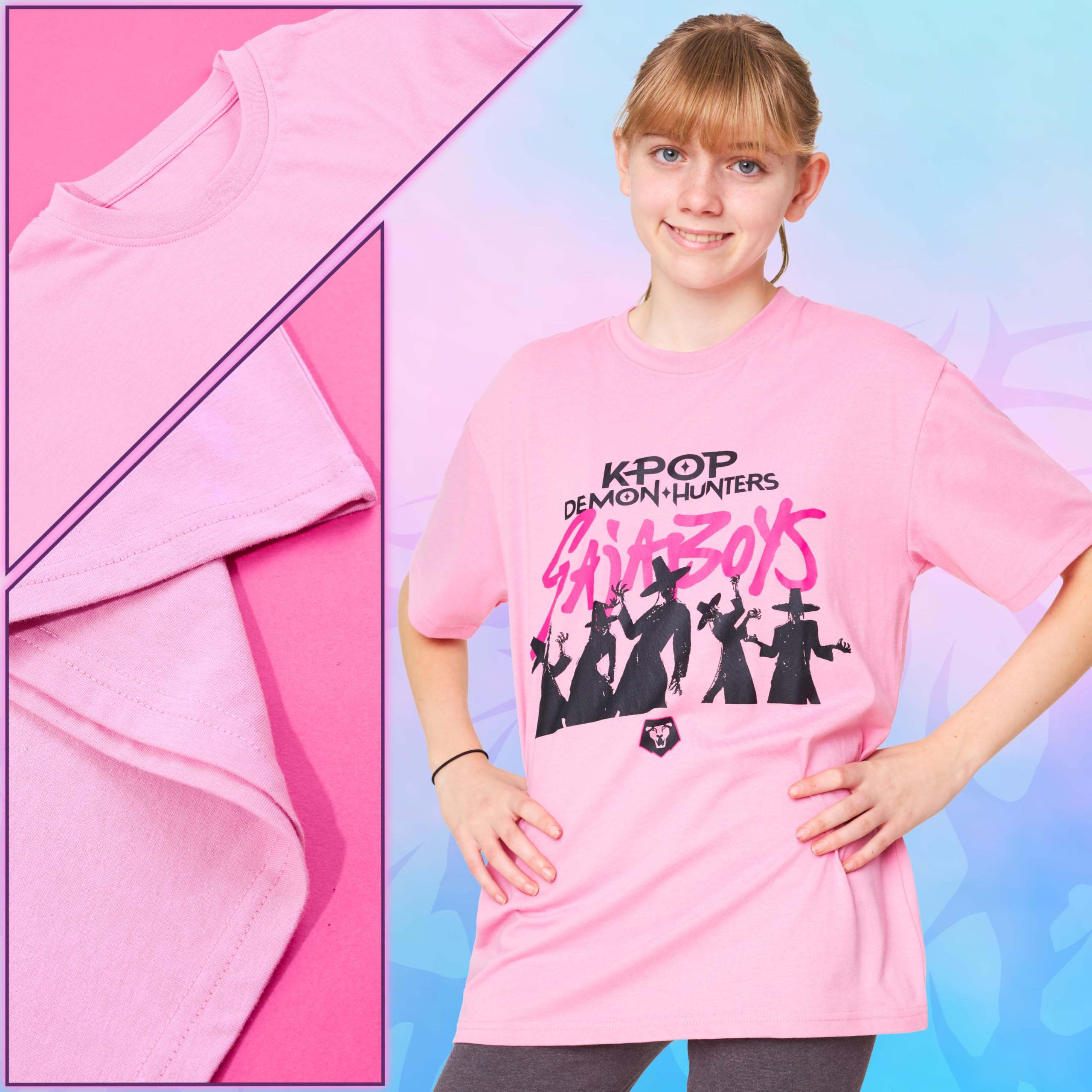 T-shirt K-Pop Demon Hunters Saja Boys col rond rose fille – Image 3