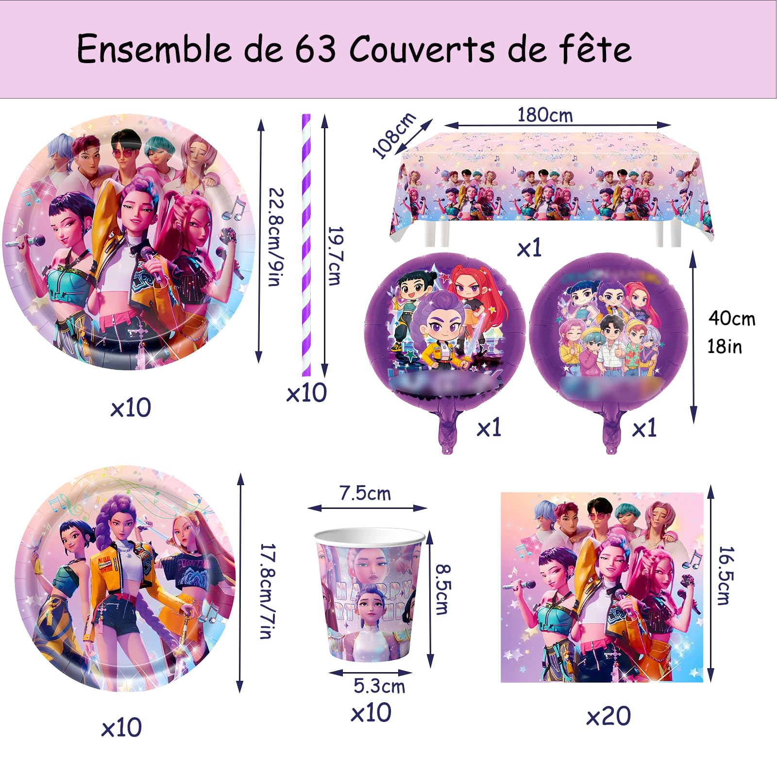 Kit vaisselle anniversaire K-Pop Demon Hunters pour 10 invités – Image 2