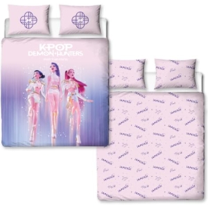 Housse de couette réversible K-Pop Demon Hunters motif signatures rose et violet