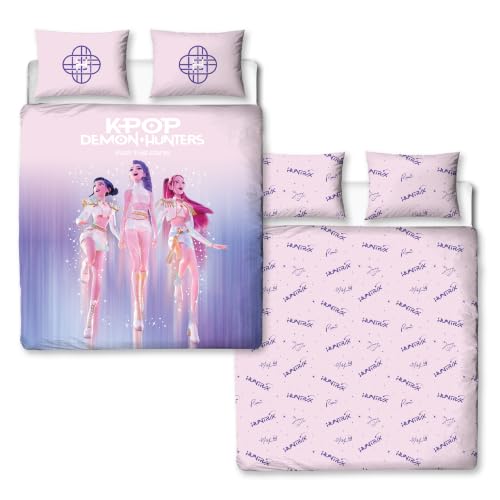 Housse de couette réversible K-Pop Demon Hunters motif signatures rose et violet